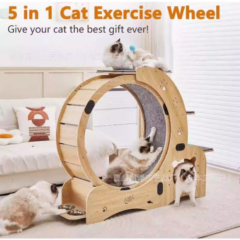 Cat Running Wheel Exercise Treadmill - 高品質猫用運動用ランニングホイール、インタラクティブペットトイ、静音猫用クライミングフレーム、ファイバーボード製猫用ホイールトレッドミル