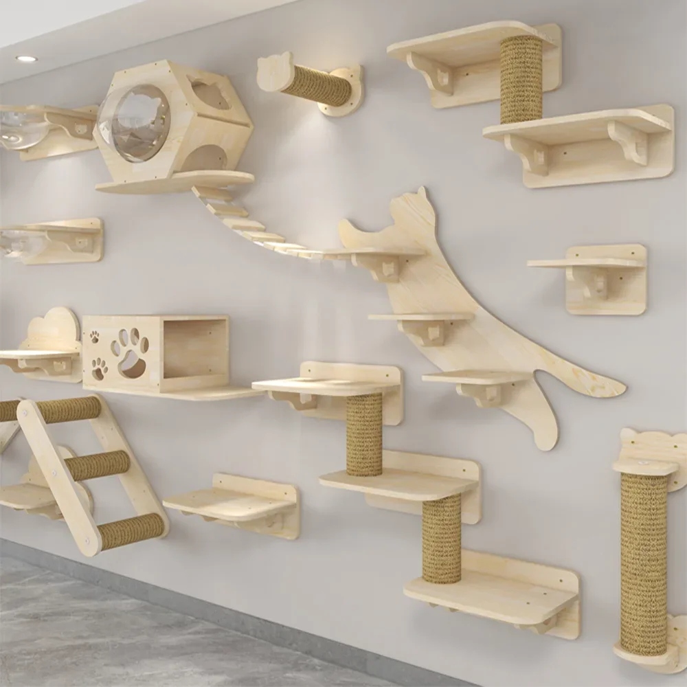 Cat Wall Climbing Shelves Hammock Wooden - 壁掛け無垢材猫クライミングフレームハンモックスクラッチポスト棚サイザル麻ジャンププラットフォームはしごステップ家具付き