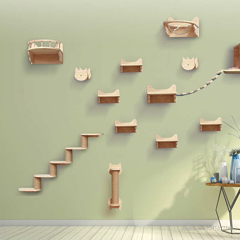 Cat Wall Climbing Shelves Hammock Wooden - 壁に取り付けられた猫のハンモックベッド、ペット家具、子猫の壁棚セット、パーチ木制スクラッチポスト、登山ツリーハウスおもちゃ