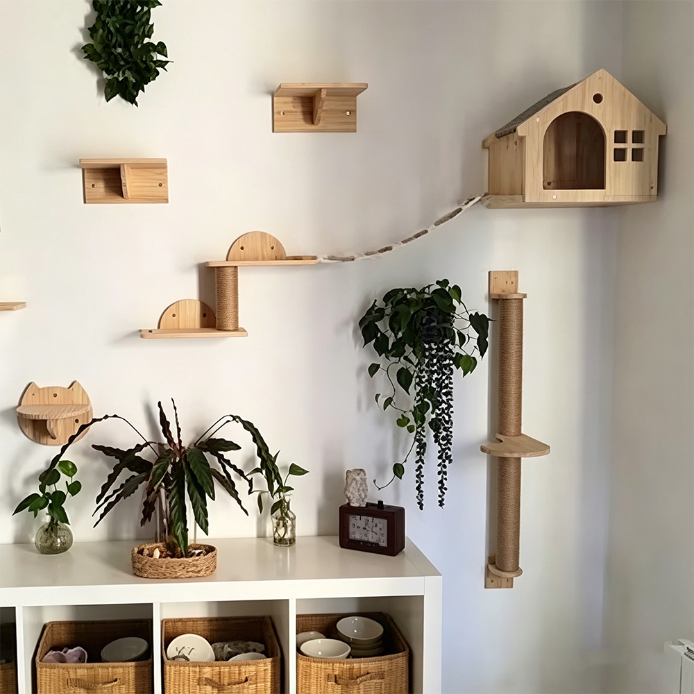 Cat Wall Climbing Shelves Hammock Wooden - 猫用の壁掛け式キャットタワー。手編みの猫用ハンモック、取り外し可能なステップとプラットフォーム付き。