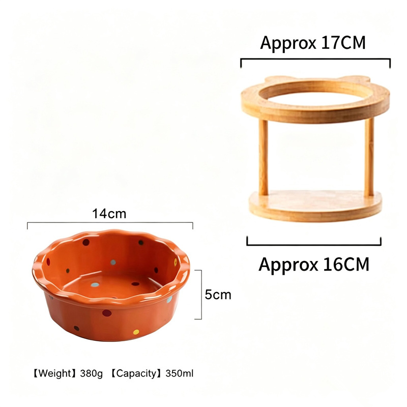 Elevated Ceramic Cat Bowls Tilted Food - 可愛い傾斜式猫用ボウル、竹製木製スタンド付きセラミック製フィーダー、ネックフレンドリーなペット用フード・水飲みボウル（室内猫・子犬用）
