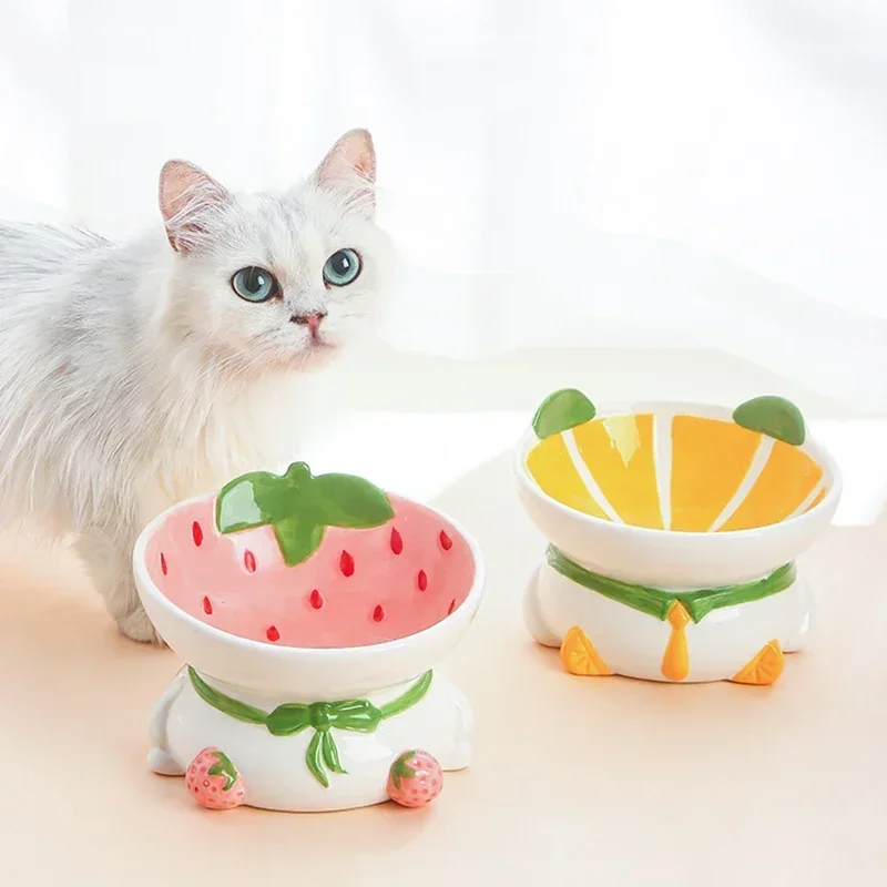 Elevated Ceramic Cat Bowls Tilted Food - 猫用セラミックボウル 小型犬用 滑り止め付き 高さのある傾斜型フード・ウォーターフィーダー かわいいフルーツ型ペット用給餌用品