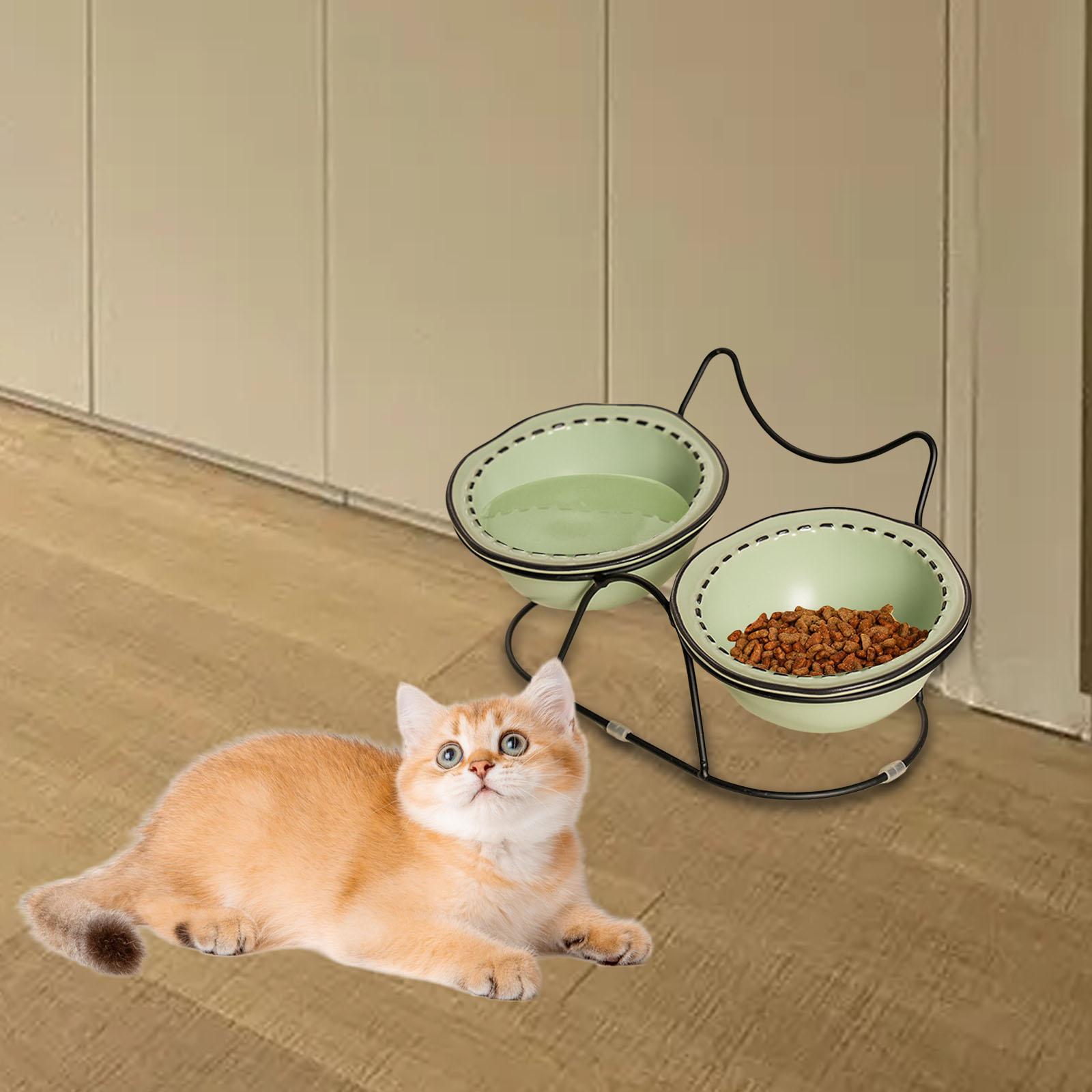 Elevated Ceramic Cat Bowls Tilted Food - 猫用食器セット：高さ調整可能、傾斜設計、吐き戻し防止、二重構造のセラミック製。猫や子猫に最適。