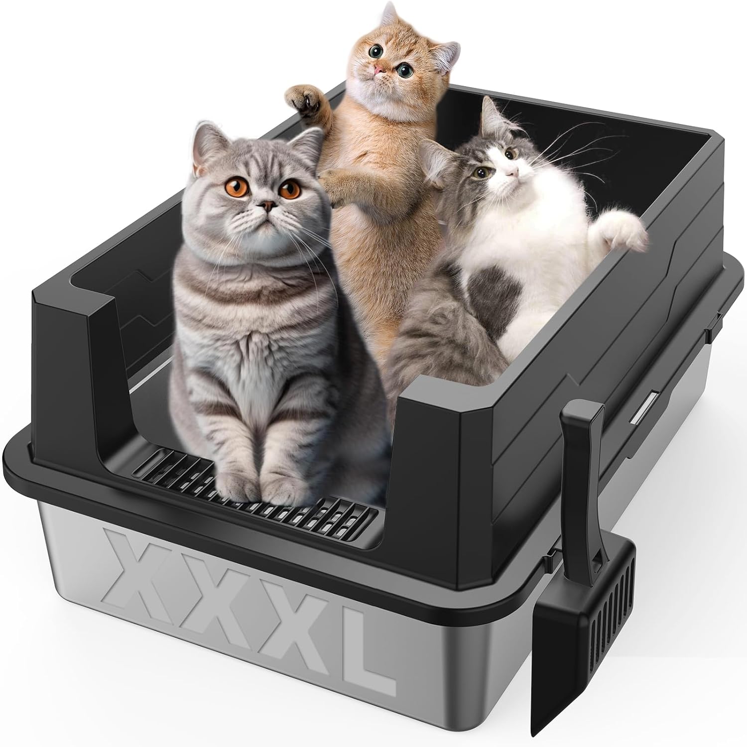 Self Cleaning Cat Litter Box Automatic - XXXL ステンレススチール製トイレボックス、特大 長さ28インチ x 幅20インチの金属製トイレボックス、大きな猫と複数の猫用、ハイサイド付き
