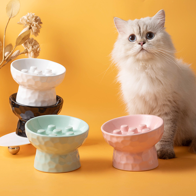 Elevated Ceramic Cat Bowls Tilted Food - セラミック製、高さ調整可能な猫用食器。ゆっくりと食べられる設計で、誤嚥防止、転倒防止、首への負担軽減を実現。猫や犬に最適。