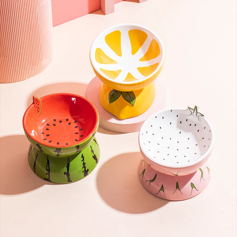 Elevated Ceramic Cat Bowls Tilted Food - フルーツモチーフのセラミック製ペットボウル – 首に優しい傾斜デザイン、滑り止め、猫と小型犬用フード・ウォーターボウルセット