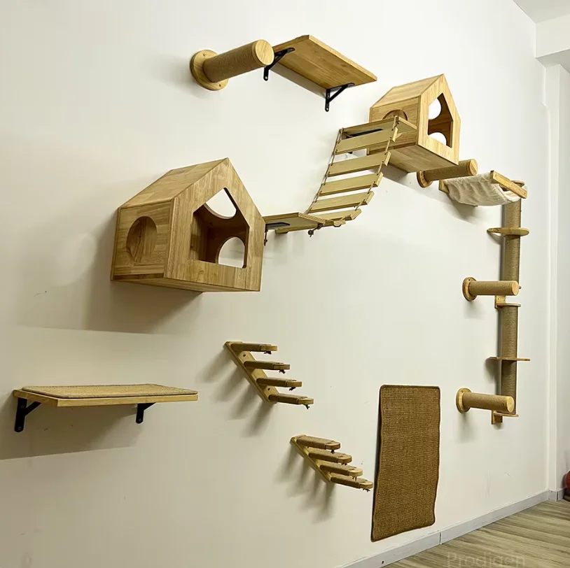 Cat Wall Climbing Shelves Hammock Wooden - 壁掛け式クライミングシェルフ、木製ハンモック、はしご、猫用ブリッジ付き、猫用パーチ、ペット用室内遊び場