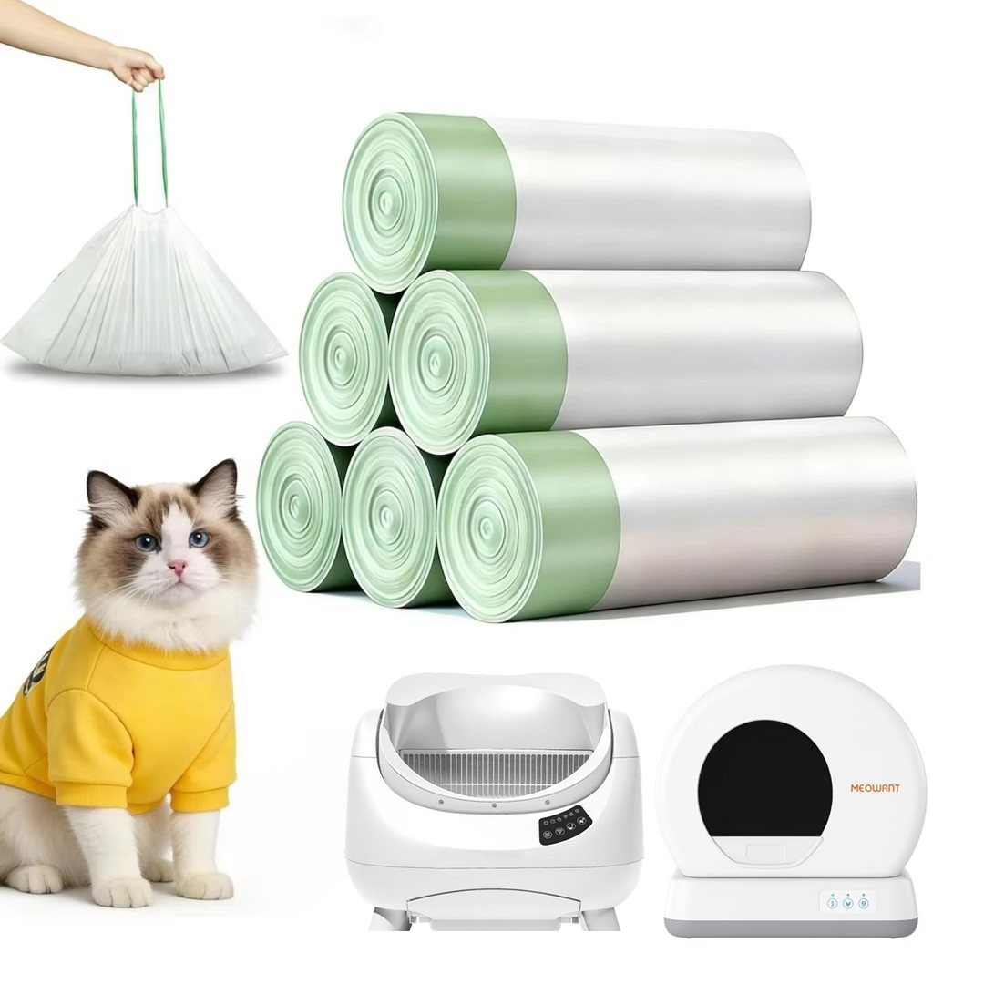 Automatic Litter Box Waste Bag Liner - ロール状の猫用トイレ用ライナー（紐付き）、丈夫な使い捨てのゴミ袋、自動清掃式猫用トイレ用の汎用リフィルバッグ