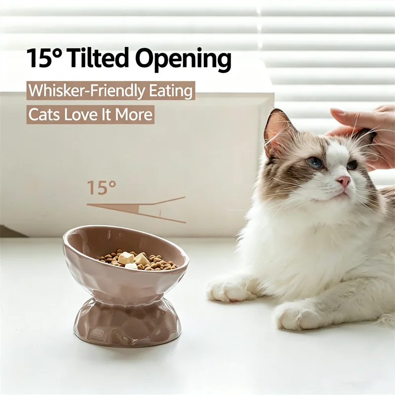 Elevated Ceramic Cat Bowls Tilted Food - ファッション性の高いセラミック製猫用食器 15 ° 猫や小型犬用の傾斜型ペットフィーダー。黒ずみを防ぎ、首への負担を軽減する、水と餌を入れられるボウル。