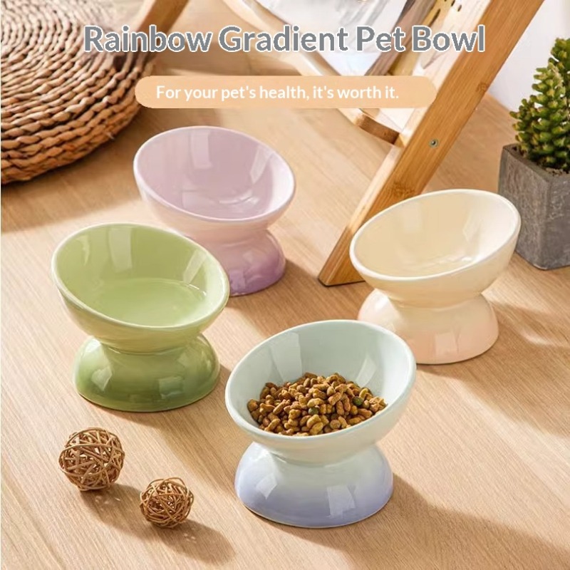 Elevated Ceramic Cat Bowls Tilted Food - セラミック製高さのある猫用ボウル、傾斜式猫用フードボウル、ペット用フィーダーボウル、食器洗い機・電子レンジ対応