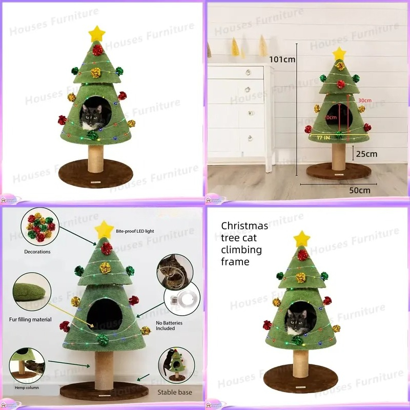 Cat Scratching Post Sisal Tree Tower - 木製キャットタワー シザル麻スクラッチポスト付き クリスマステーマ キャットクライミングタワー 多層式プレイセンター 子猫用アクティビティ