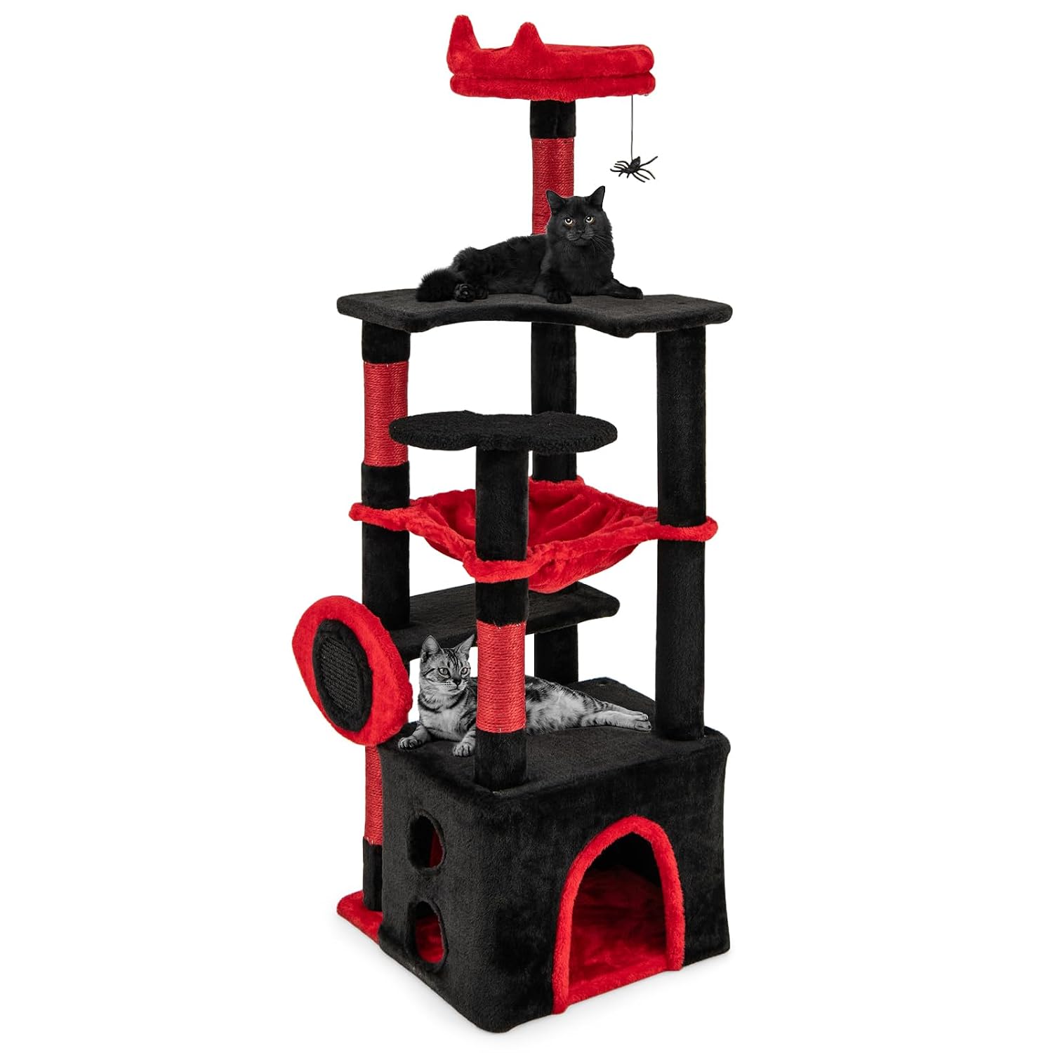 Cat Scratching Post Sisal Tree Tower - ゴシック調のキャットツリー。ハロウィーン仕様で、サイザル麻製の爪とぎとボード、不気味なコウモリの形をしたプラットフォーム、クモのおもちゃ、そして悪魔のモチーフが付いています。