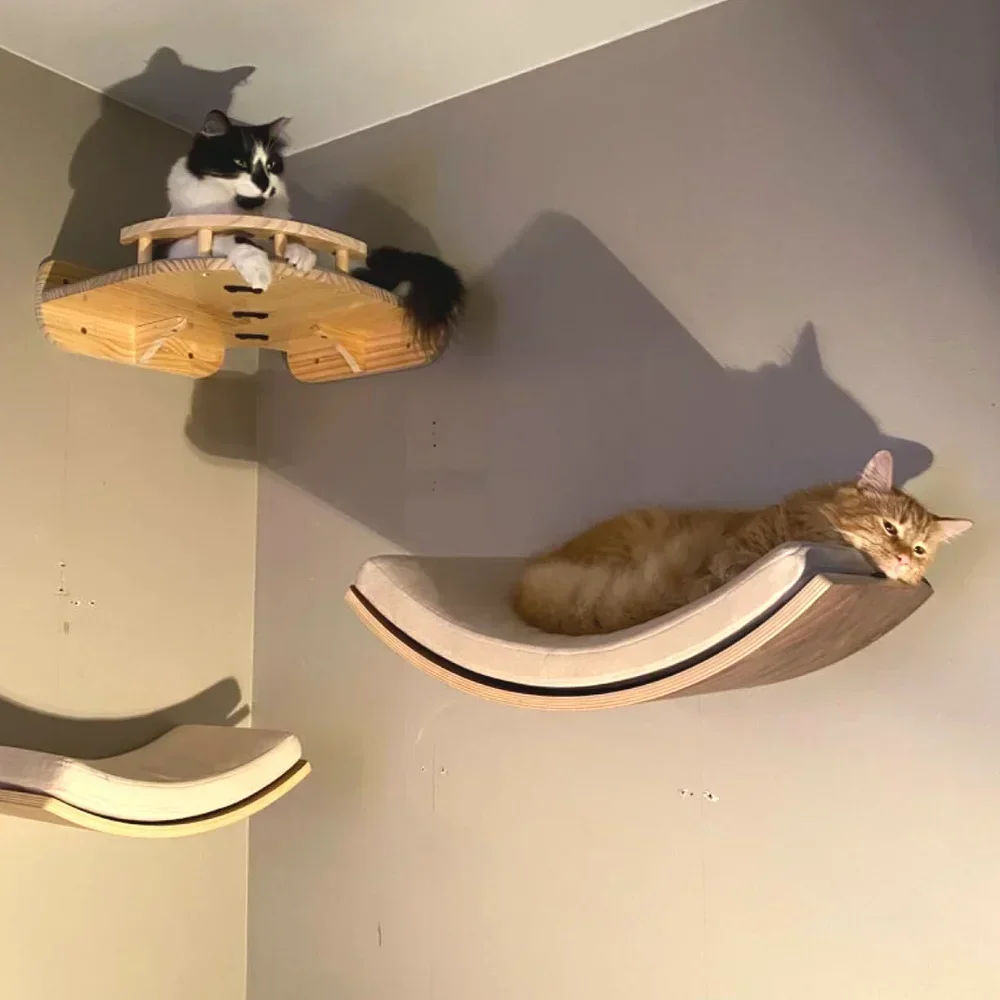 Cat Wall Climbing Shelves Hammock Wooden - 木製キャットタワー、猫用壁掛け家具、クライミングシェルフ、爪とぎ、ハンモック、ステップ、はしご、室内猫用、猫の運動スペース