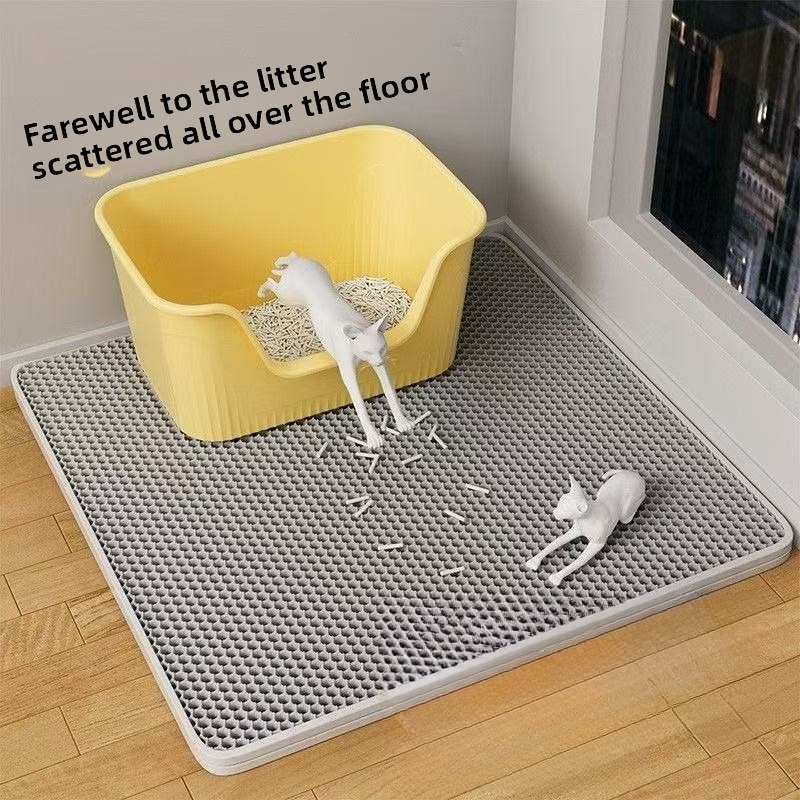 Cat Litter Mat Double Layer Waterproof - 二重構造のEVA製猫用トイレマット。ハニカム構造で防水性があり、尿漏れを防ぎ、猫砂をしっかり吸収。折りたたみ式で、トイレの床に敷くのに最適。