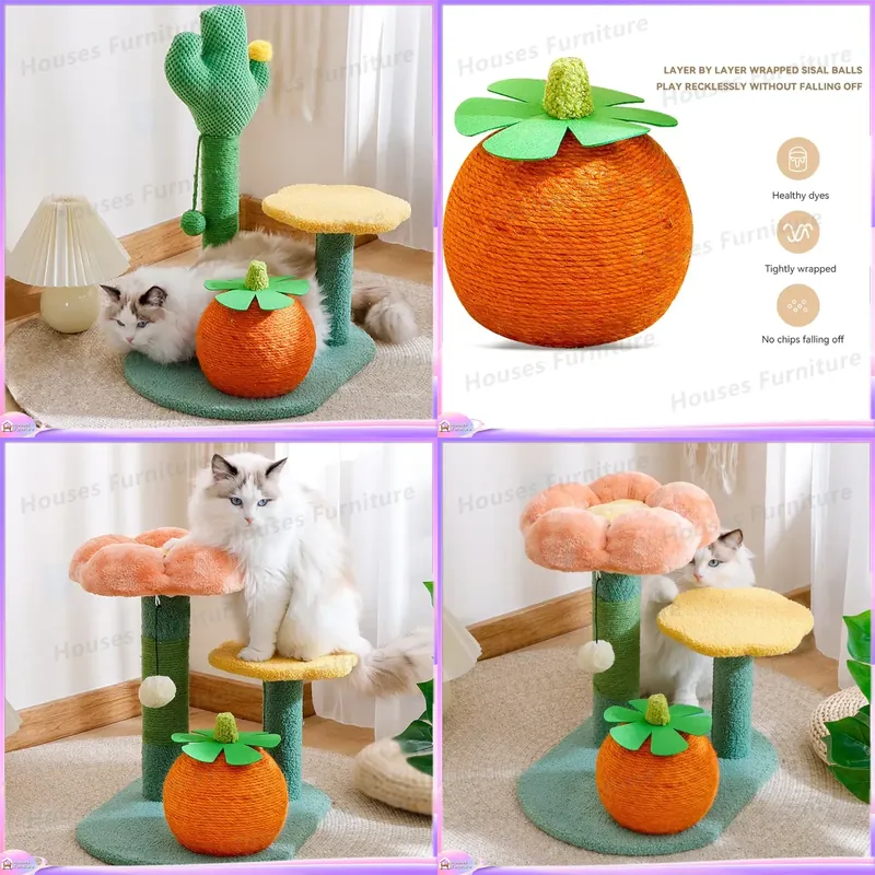 Cat Scratching Post Sisal Tree Tower - サボテン型のキャットタワー、サイザル麻巻き柱、きのこ型プラットフォーム、垂直スクラッチングポスト、クライミングタワー、ジャンプアクティビティ付き