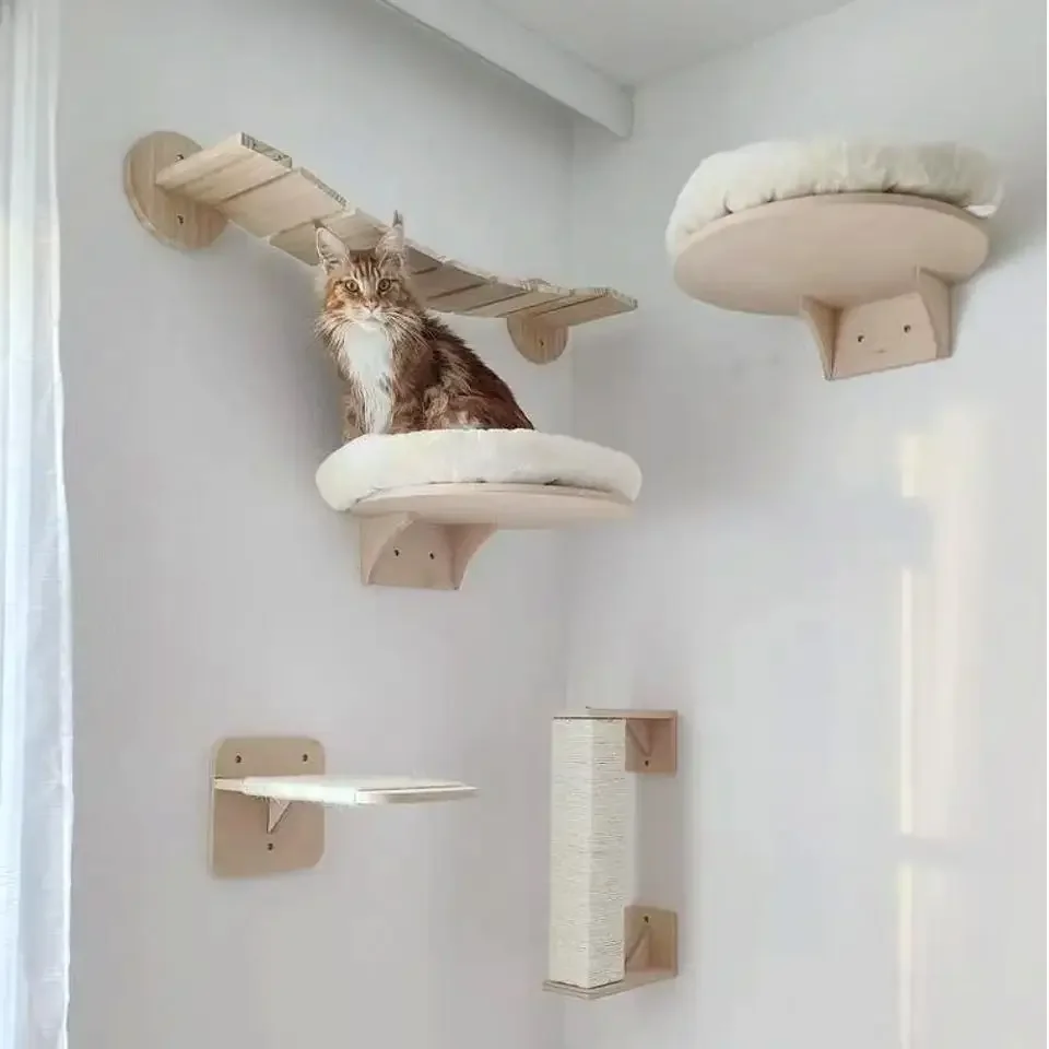 Cat Wall Climbing Shelves Hammock Wooden - 壁掛け式猫用クライミングシェルフ、キャットタワー、ハンモック、爪とぎポスト、猫用パーチ、子猫用睡眠・遊び・爪研ぎ用