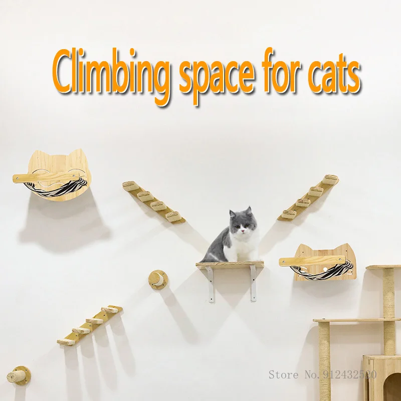 Cat Wall Climbing Shelves Hammock Wooden - 壁掛け猫ハンモックベッド、ペット家具、子猫ウォールシェルフ、止まり木木製スクラッチクライミングポスト、ツリーハウスおもちゃ、1個
