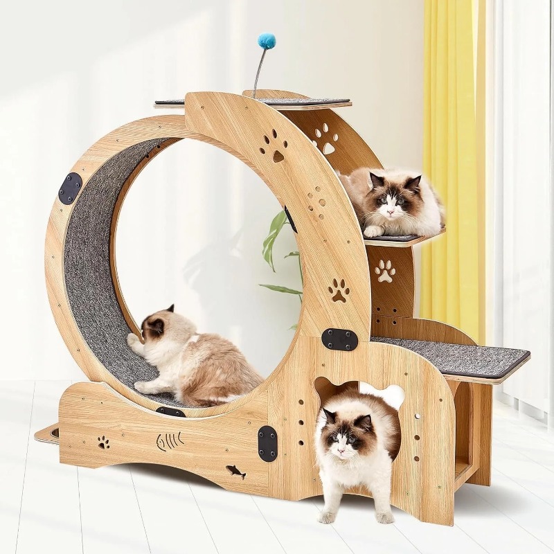 Cat Running Wheel Exercise Treadmill - 高品質インタラクティブペットトイ 静音猫用運動ランニングホイール 猫用クライミングフレーム ファイバーボード製猫用ホイールトレッドミル