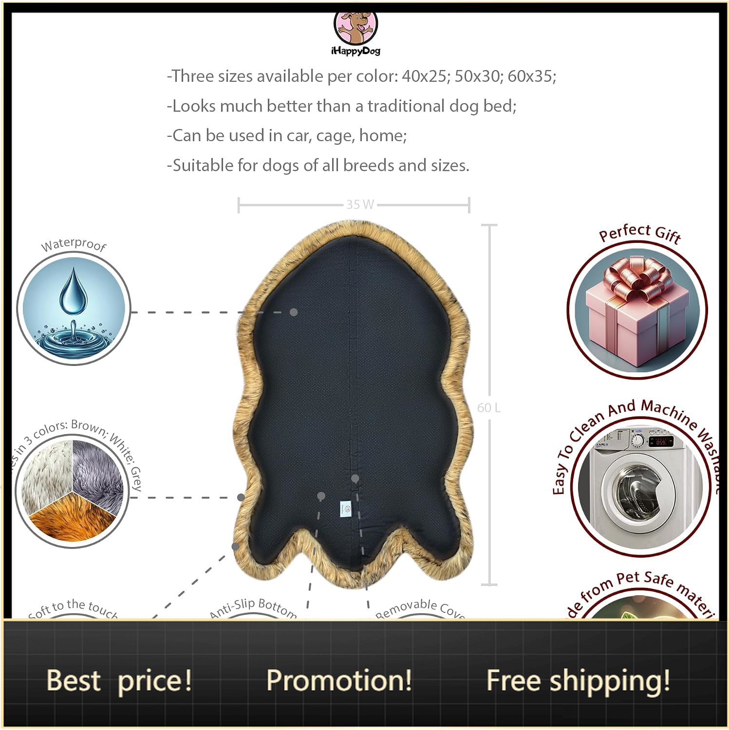 Orthopedic Memory Foam Dog Bed Washable - フェイクファー整形外科犬用ベッド、メモリーフォーム、ブラウン 60