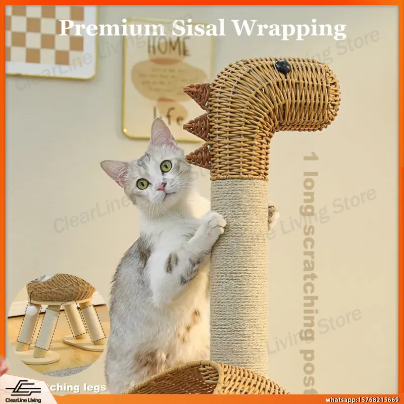 Cat Scratching Post Sisal Tree Tower - 恐竜型キャットタワー サイザル麻スクラッチングポスト付き ラタンキャットコンド 室内用籐製キャットベッド 取り外し可能なマット 吊り下げおもちゃ付き