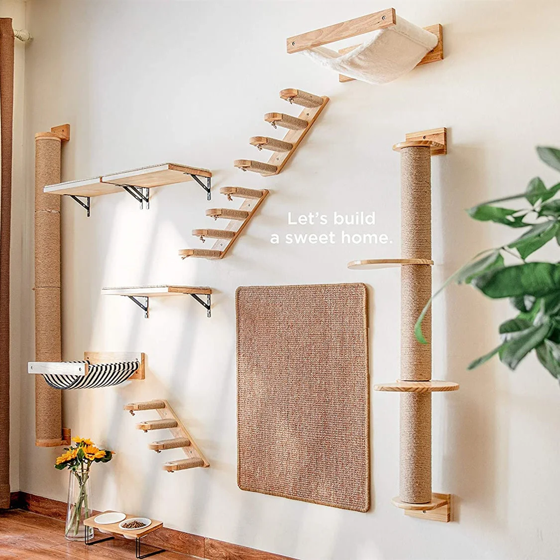 Cat Wall Climbing Shelves Hammock Wooden - 壁掛け猫ハンモックベッドペット家具子猫壁棚セット猫止まり木木製スクラッチクライミングポスト猫ツリーハウスおもちゃ