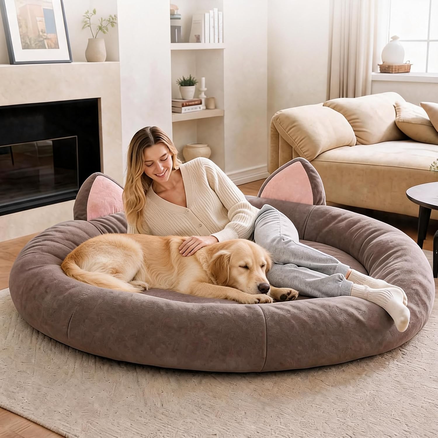 Orthopedic Memory Foam Dog Bed Washable - XXLサイズの丸型ドッグベッド。厚さ9.8インチで、高齢犬や大型犬に最適なペット用ソファ。サイズは70インチ×70インチ×9.8インチ。メモリーフォームを使用し、防水加工の裏地と洗濯可能なカバー付き。整形外科的設計で、滑り止め加工が施されています。