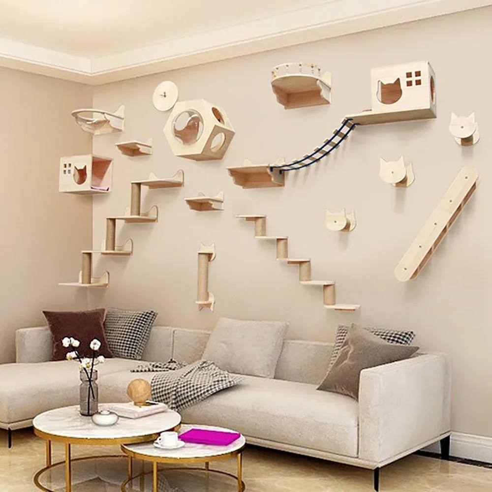 壁掛け無垢材猫クライミングフレームハンモックスクラッチポスト - Cat Wall Climbing Shelves Hammock Wooden のレビューと価格