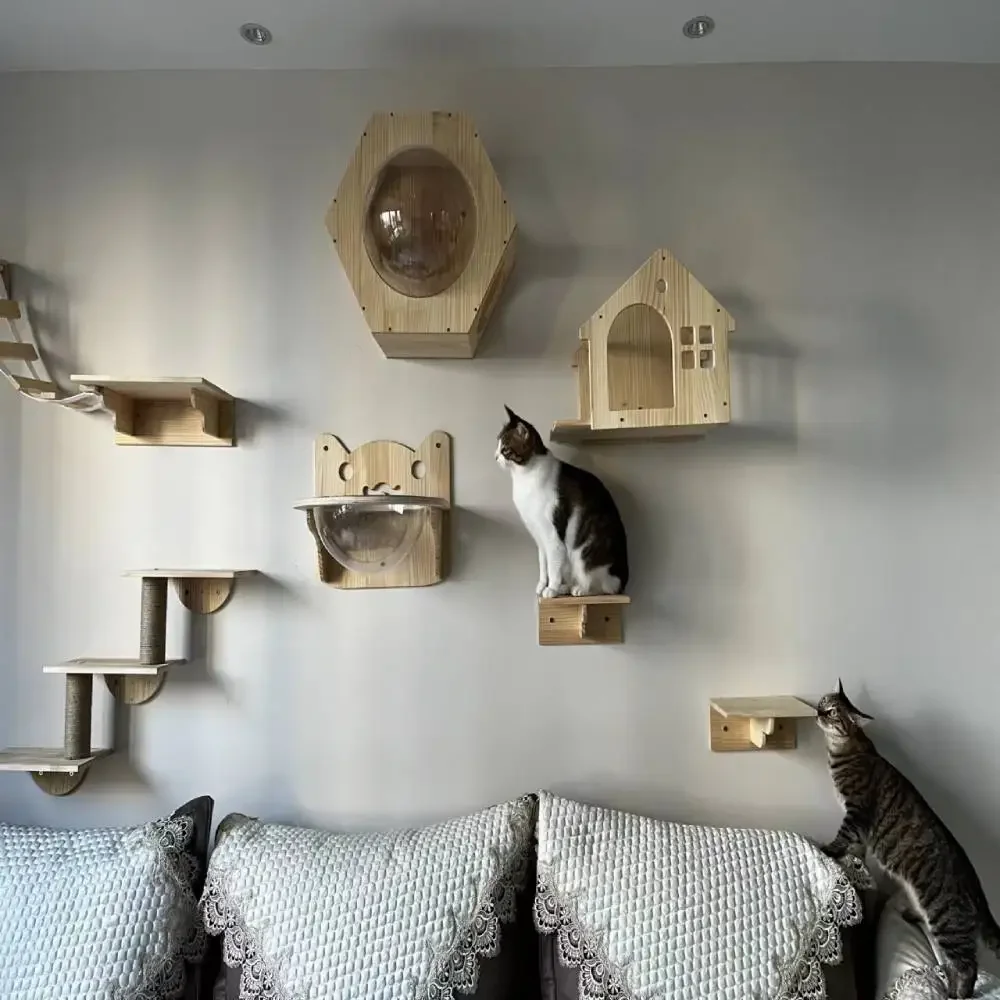 壁掛け無垢材猫クライミングフレームハンモックスクラッチポスト - Cat Wall Climbing Shelves Hammock Wooden のレビューと価格