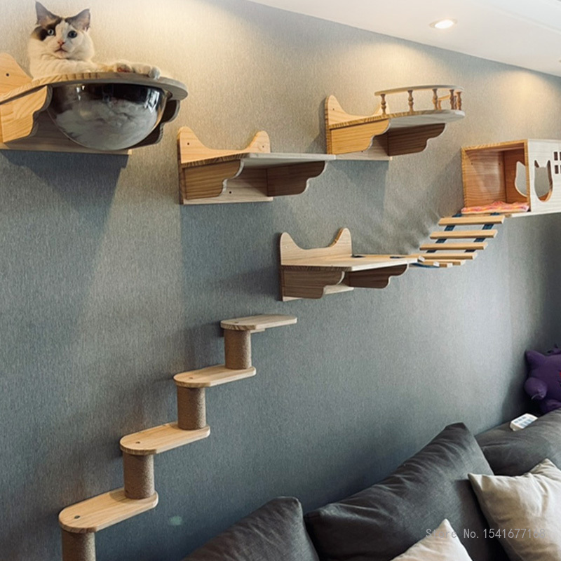 壁に取り付けられた猫のハンモックベッド、ペット家具、子猫の壁 - Cat Wall Climbing Shelves Hammock Wooden のレビューと価格