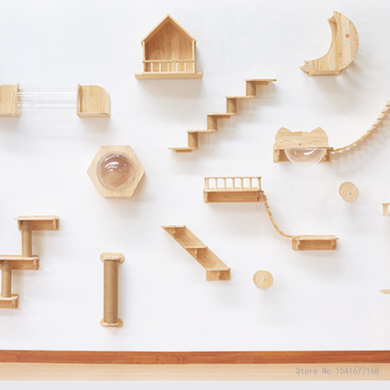壁に取り付けられた猫のハンモックベッド、ペット家具、子猫の壁 - Cat Wall Climbing Shelves Hammock Wooden のレビューと価格