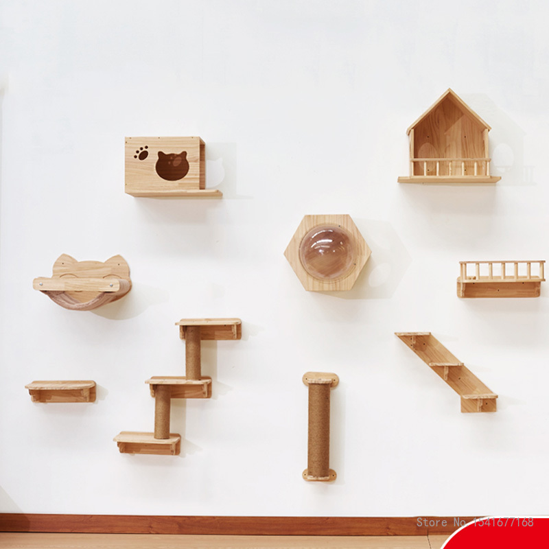 壁に取り付けられた猫のハンモックベッド、ペット家具、子猫の壁 - Cat Wall Climbing Shelves Hammock Wooden のレビューと価格