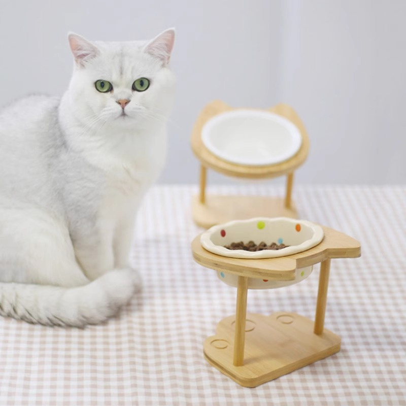 可愛い傾斜式猫用ボウル、竹製木製スタンド付きセラミック製フィ - Elevated Ceramic Cat Bowls Tilted Food のレビューと価格