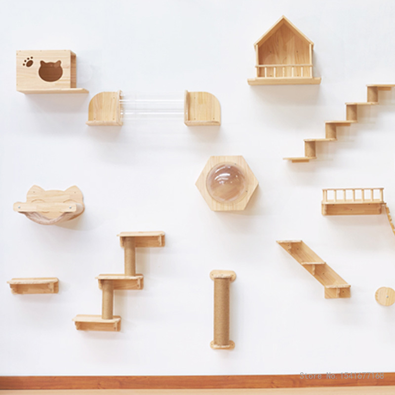 壁に取り付けられた猫のハンモックベッド、ペット家具、子猫の壁 - Cat Wall Climbing Shelves Hammock Wooden のレビューと価格