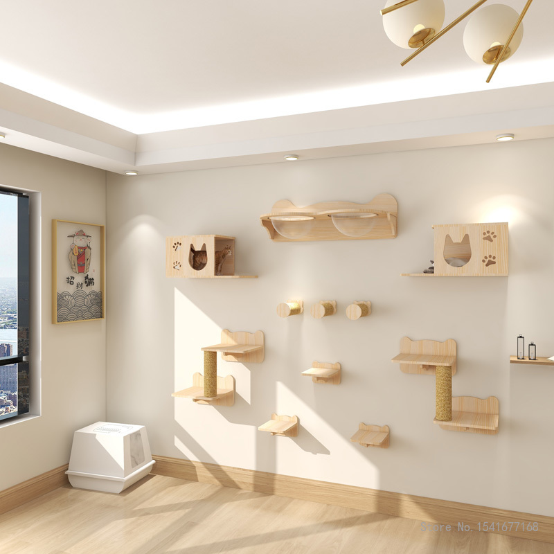 壁に取り付けられた猫のハンモックベッド、ペット家具、子猫の壁 - Cat Wall Climbing Shelves Hammock Wooden のレビューと価格