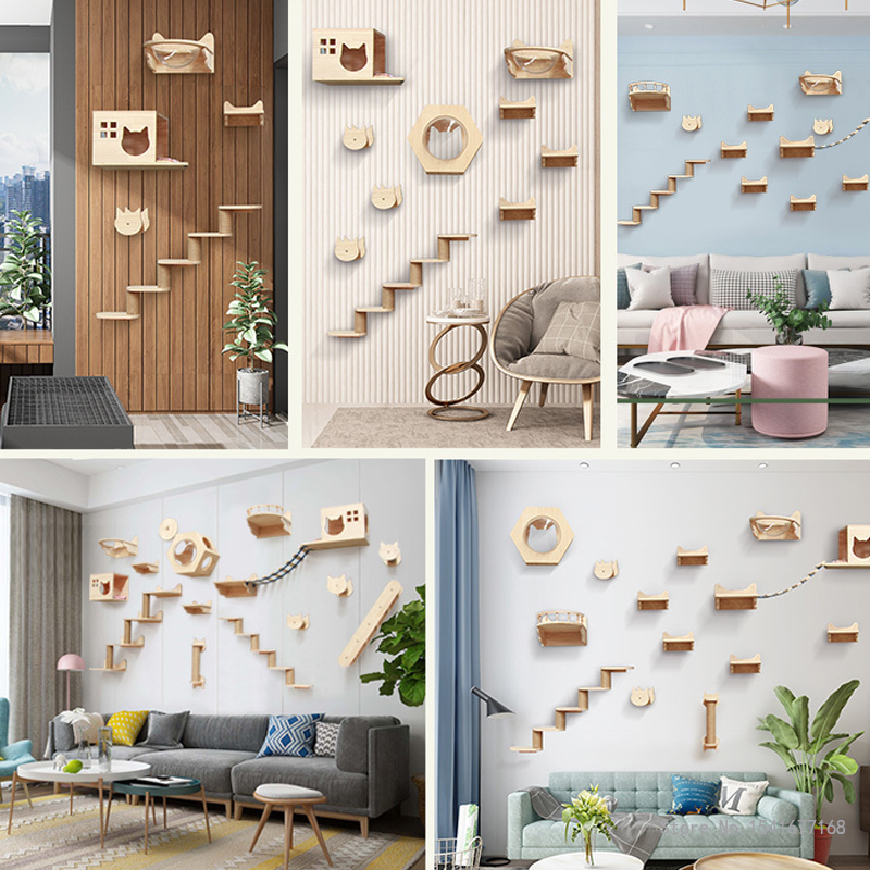 壁に取り付けられた猫のハンモックベッド、ペット家具、子猫の壁 - Cat Wall Climbing Shelves Hammock Wooden のレビューと価格