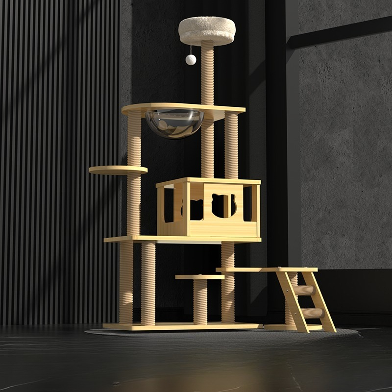 無垢材キャットタワー一体型キャットベッドスペースカプセルサイ - Cat Scratching Post Sisal Tree Tower のレビューと価格