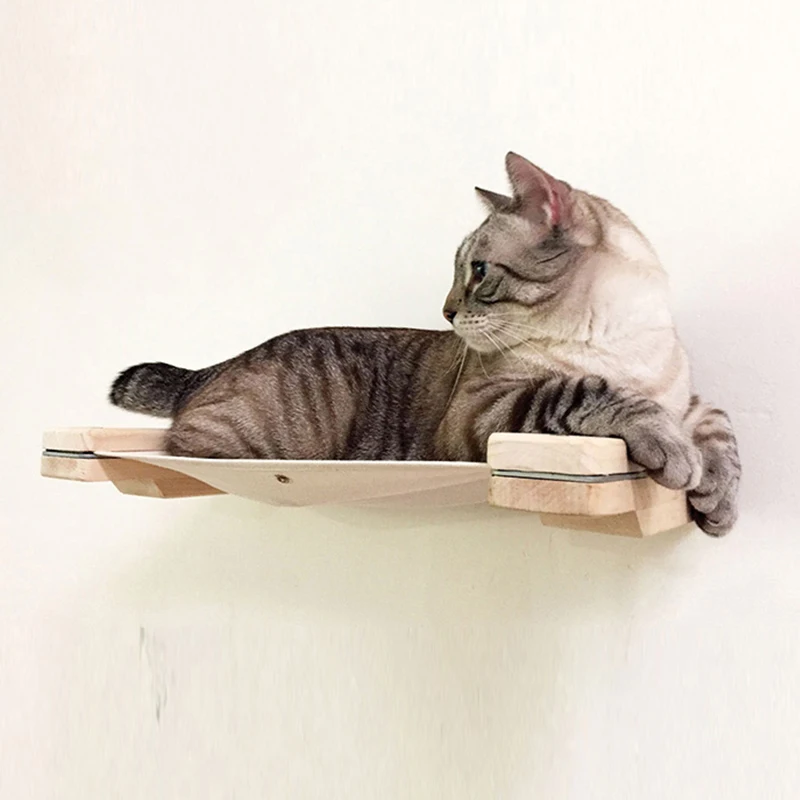 壁掛け式キャットハンモック棚。丈夫な木製で、キャンバス製のベ - Cat Wall Climbing Shelves Hammock Wooden のレビューと価格