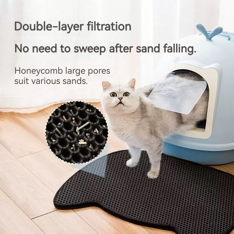 二層構造の猫用トイレマット 猫の頭型 防水 洗濯可能 飛散防 - Cat Litter Mat Double Layer Waterproof のレビューと価格