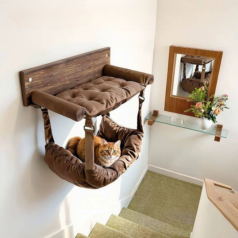 壁掛け式猫用クライミングシェルフ、猫が休憩したり遊んだりでき - Cat Wall Climbing Shelves Hammock Wooden のレビューと価格