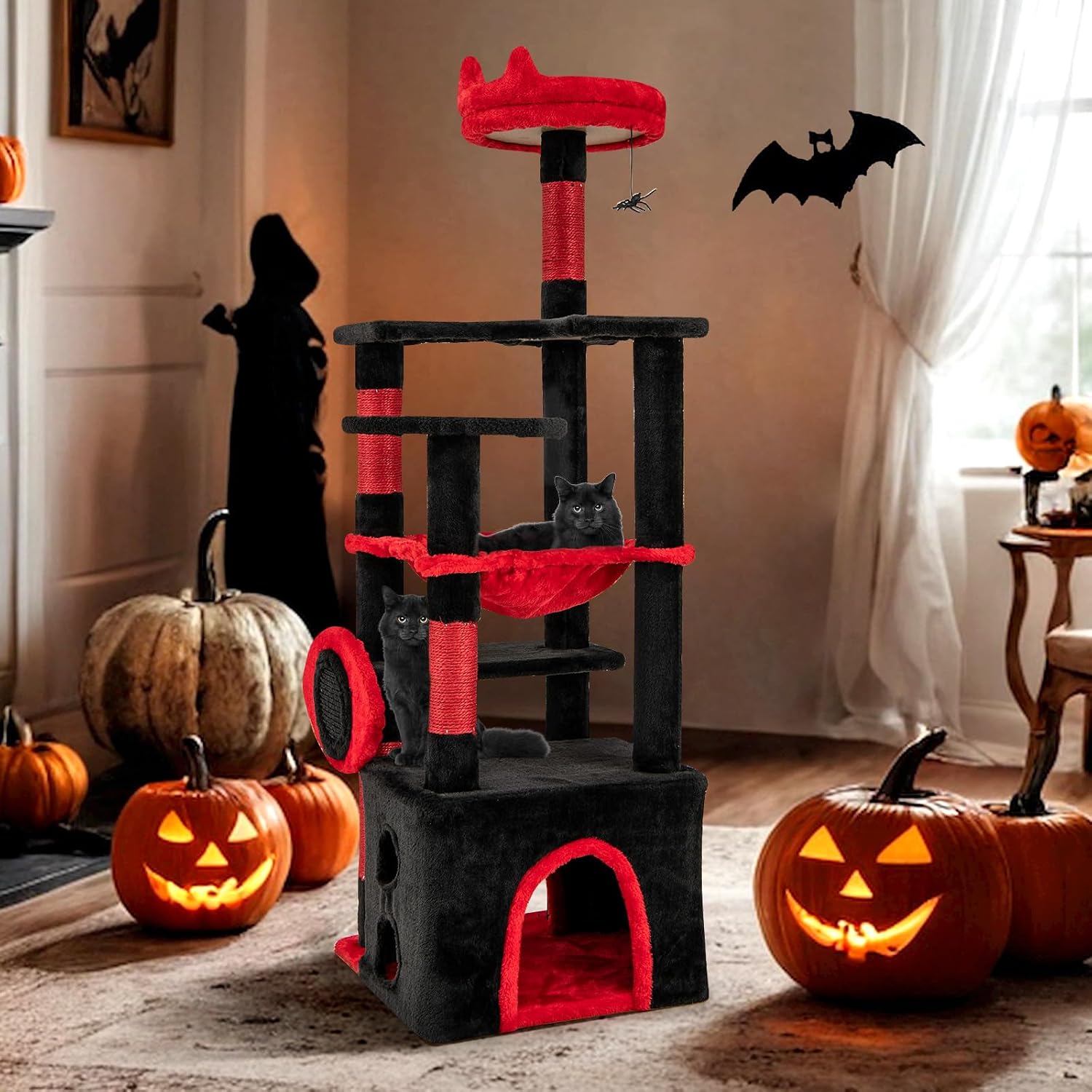 ゴシック調のキャットツリー。ハロウィーン仕様で、サイザル麻製 - Cat Scratching Post Sisal Tree Tower のレビューと価格