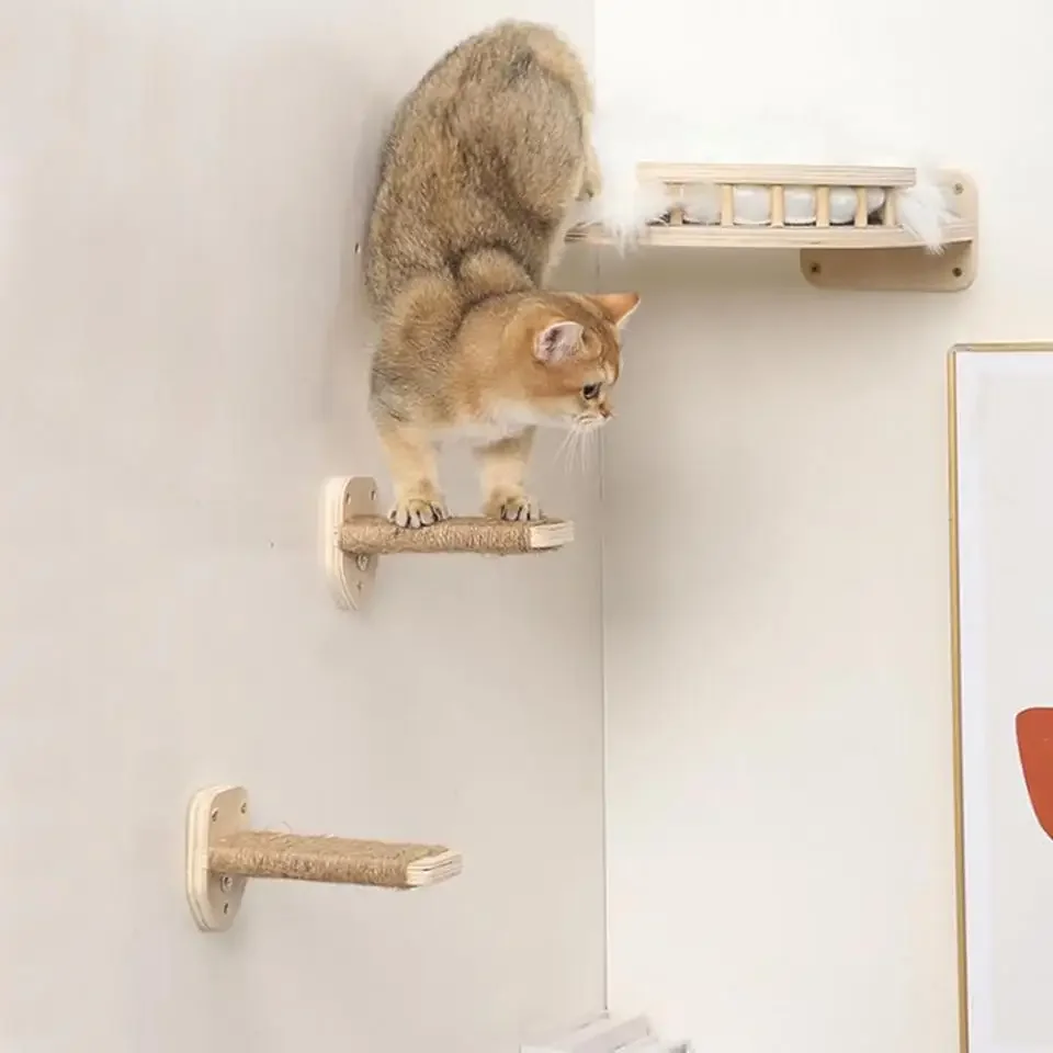 壁掛け式猫用クライミングシェルフ、キャットタワー、ハンモック - Cat Wall Climbing Shelves Hammock Wooden のレビューと価格