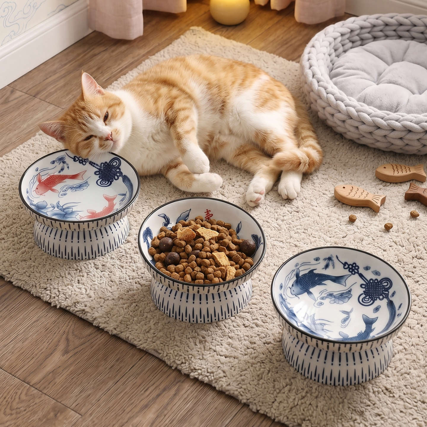 可愛い傾斜式高さのある陶器製ペットボウル、中国風青白魚柄、猫 - Elevated Ceramic Cat Bowls Tilted Food のレビューと価格