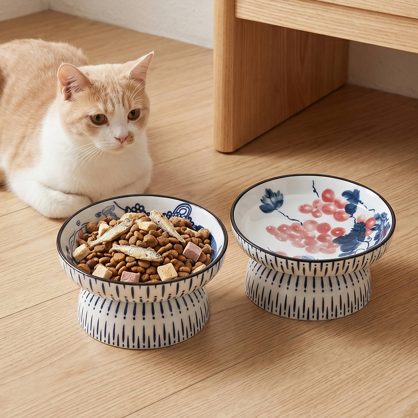 可愛い傾斜式高さのある陶器製ペットボウル、中国風青白魚柄、猫 - Elevated Ceramic Cat Bowls Tilted Food のレビューと価格