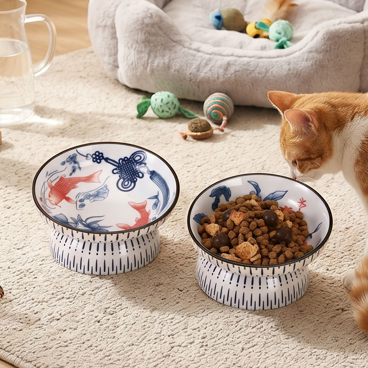 可愛い傾斜式高さのある陶器製ペットボウル、中国風青白魚柄、猫 - Elevated Ceramic Cat Bowls Tilted Food のレビューと価格