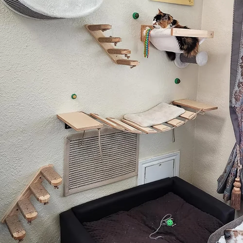 木製猫クライミング棚壁掛けキャットツリーサイザル麻スクラッチ - Cat Wall Climbing Shelves Hammock Wooden のレビューと価格