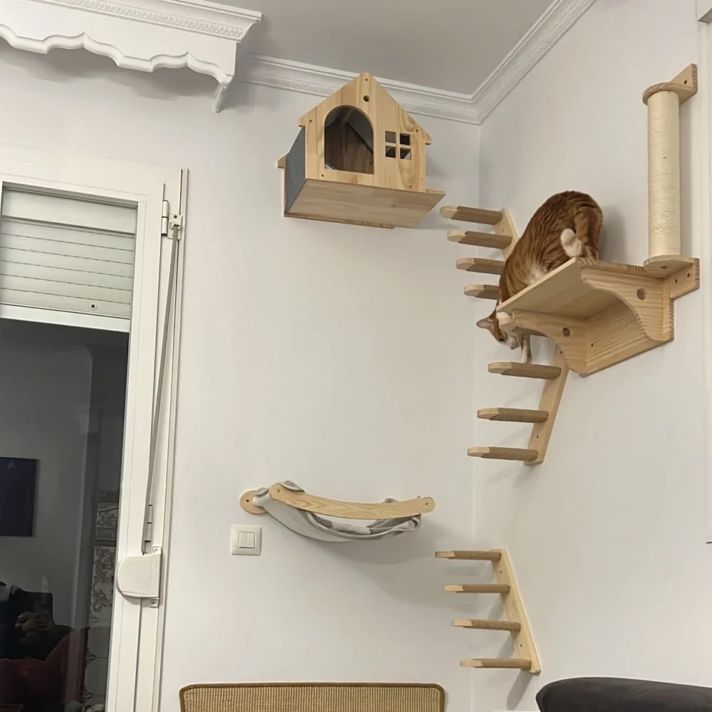 木製猫クライミング棚壁掛けキャットツリーサイザル麻スクラッチ - Cat Wall Climbing Shelves Hammock Wooden のレビューと価格