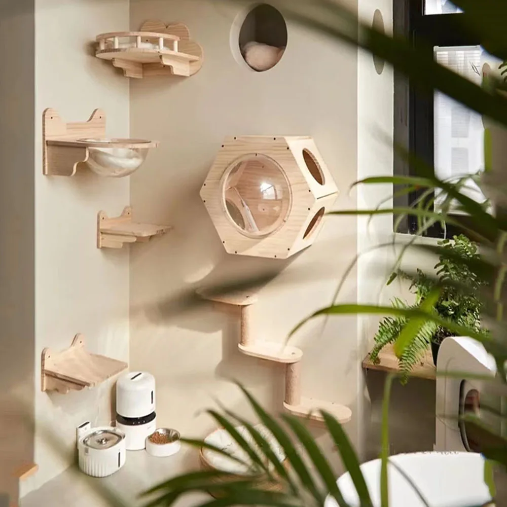 壁掛け猫ハンモックベッドペット家具子猫壁棚セット猫止まり木木 - Cat Wall Climbing Shelves Hammock Wooden のレビューと価格